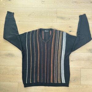 90s Tosani 3D Coogi style Made in Canada Brown striped V-neck men's sweater sz L